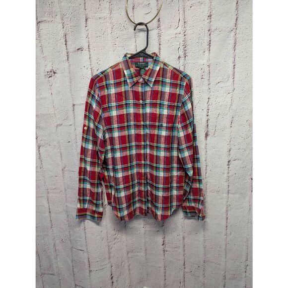 Ralph Lauren Button-Up Shirt Women Red Plaid 100% Linen Petite Medium PM Long Ro - Picture 1 of 9